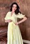 Women's Yellow Double-Breasted Collar Belted Slit Short Sleeve Muslin Maxi Dress - 3