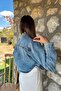 Women's Blue Crop Denim Jacket with Corset Look and Zipper, Long Sleeves - 4