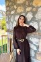 Women's Brown Chiffon Maxi Dress High Neck Long Sleeve Ruffle Belted - 3