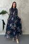 Women's Navy Blue Floral Patterned Chiffon Shirt Collar Belted Long Sleeve Maxi Dress