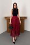 Women's Burgundy Lace Layered Midi Skirt High Waist Floral Patterned Flared Skirt