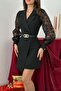 Women's Black Belted Lace Sleeve Jacket Collar Asymmetrical Mini Dress - 4
