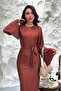 Women's Brown Pleated Maxi Dress Round Neck Spanish Sleeve Belted Lined - 3