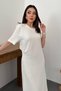 Women's Ecru Crew Neck Short Sleeve Pleated Long A-Line Cotton Dress - 3