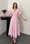Women's Pink Midi Length Buttoned V-Neck Short Sleeve Waist Accented Poplin Cotton Dress - 2