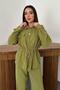 Women's Olive Shirt Pants Set Buttoned Lace-Up Ribbed Wide Leg Pants with Pockets - 2