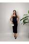 Women's White - White Slim-Fit Midi Dress with Thin Straps and Stone Accessories, Heart Collar - 4