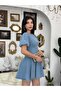 Women's Light Blue Mini Denim Dress with Balloon Sleeves, Crew Neck, and Stitching Detail - 7