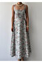 Women's Green Midi Dress Square Neck Strap Floral Patterned Flared Poplin Dress - 2