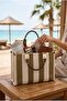Khaki Striped Large Capacity Beach Bag – Fabric Shoulder Bag, Casual & Vacation Use