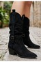 Meria Black Suede Laser Cut Cowboy Heeled Boots - 2