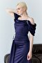 Navy Blue Boat Neck Stone Embroidered Drapeli Long Evening Dress - 6