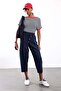 Navy Blue Elastic Waist Carrot Cut Trousers 16703 - 2