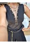 Women's Black Color V-Neck Low-Cut Buttoned Lined Body Blouse - 2
