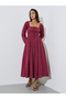 Burgundy Cotton Embroidered Smocked Midi Dress