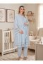 New Season Blue Stylish Lace Detailed Buttoned Design Short Sleeve Maternity Maternity Dressing Gown Pajama Set - 2