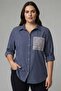 Trend42Plus Large Size Striped Navy Blue Shirt with Pocket Mesh and Stone Detail - 2