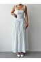 Women's Blue Square Neck Plaid Patterned Strappy Drawstring Waist Midi Dress - 2