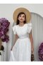 Women's White Midi Dress with Scallop Embroidery, Ruffle Sleeves, Gathered Waist and Flounces
