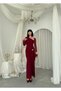Women's Burgundy Asymmetrical Collar Draped Brooch Detailed Tulle Long Sleeve Midi Dress - 8