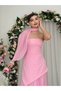 Women's Pink Shawl Detailed Strapless Asymmetrical Hem Chiffon Atlas Midi Dress - 7