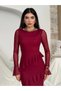 Women's Burgundy Chiffon Boat Neck Long Sleeve Asymmetrical Ruffle Midi Dress - 7