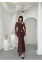Women's Coffee Color Asymmetrical Collar Draped Brooch Detailed Tulle Long Sleeve Midi Dress - 6