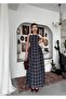 Women's Navy Blue Plaid Patterned Bow Shoulder Round Neck Gathered Midi Dress - 5