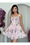 Women's Pink Mini Dress with Floral Pattern, Straps, Lace Detail, Flared Cut - 3