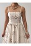 Women's Ecru Strappy Square Neck Floral Embroidered Waist Gathered Long Poplin Dress - 8