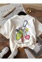 Unisex Keychain Printed Oversize Crew Neck White T-Shirt - 3