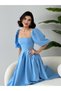Women's Baby Blue Midi Dress Square Neck Balloon Sleeves Pleated A-Line Woven