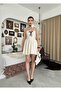 Women's Ecru Mini Dress Polka Dot Atlas Textured Lace-Up Straps Bow A-Line - 5