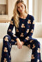 Navy Blue Patterned Cotton Lycra Crew Neck Knitted Pajama Set26240292