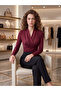 Women's Burgundy Double-Breasted V-Neck Blouse with Shoulder Padding and Drawstring Detail in Sandy Fabric - 4