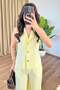 Women's Yellow Top and Bottom Set Linen Vest Pants Set Buttoned Jacket with Collar Pockets Carrot Cut - 4