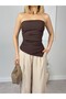 Women's Coffee Strapless Asymmetrical Cut Fitted Woven Blouse with Gathered Detail - 4