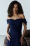 Navy Blue Strapless Boat Neck Long Flared Lace Evening Dress - 5