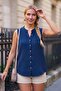 Navy Blue Sleeveless Buttoned Pocketed Casual Muslin Woven Blouse 70 60 - 3