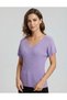 Women's Lilac V-Neck Ribbed Short Sleeve Knitwear Blouse Casual Stylish Basic Top