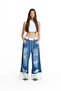 Blue Ecru Contrast Fabric Ripped Denim Wide Leg Pants 19062 - 4