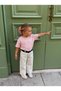 Girl's Pink Crew Neck T-Shirt and Black Stitching Detailed Wide-Leg White Pants Two-Piece Set