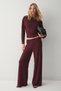 Delore Women's Soft and Flexible Fabric Asymmetrical Collar Draped Detail Burgundy Top and Bottom Set