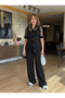 Women's Short-Sleeved Collared Jacket with Buttons and Mesh Detail, Modal Jacket and Pants Two-Piece Set - 4