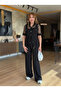 Women's Short-Sleeved Collared Jacket with Buttons and Mesh Detail, Modal Jacket and Pants Two-Piece Set - 2