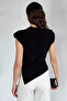 Black Women's Shoulder Padded Draped Asymmetrical Cut Blouse - 4