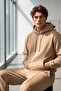 Men's Beige Plain Hooded Sweatshirt Beige Wide Leg Sweatpants Set - 3