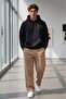 Men's Black Plain Hooded Sweatshirt Beige Wide Leg Sweatpants Set