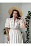 Women's Purple Floral Patterned Buttoned Gathered Waist Balloon Sleeve Midi Dress
