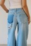 Women's Light Blue Lasered Baggy Jean Trousers High Waist Laser Cut Ripped Detailed Wide Leg